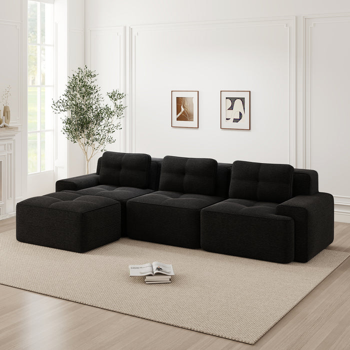 Cloud Modular Sofa Boneless L-Shaped Sofa, Modular Sofa With Ottoman, Modular Cloud Sofa, 3 Seater Corduroy Cloud Sofa For Living Room, Assembly-Free Sofa, Black